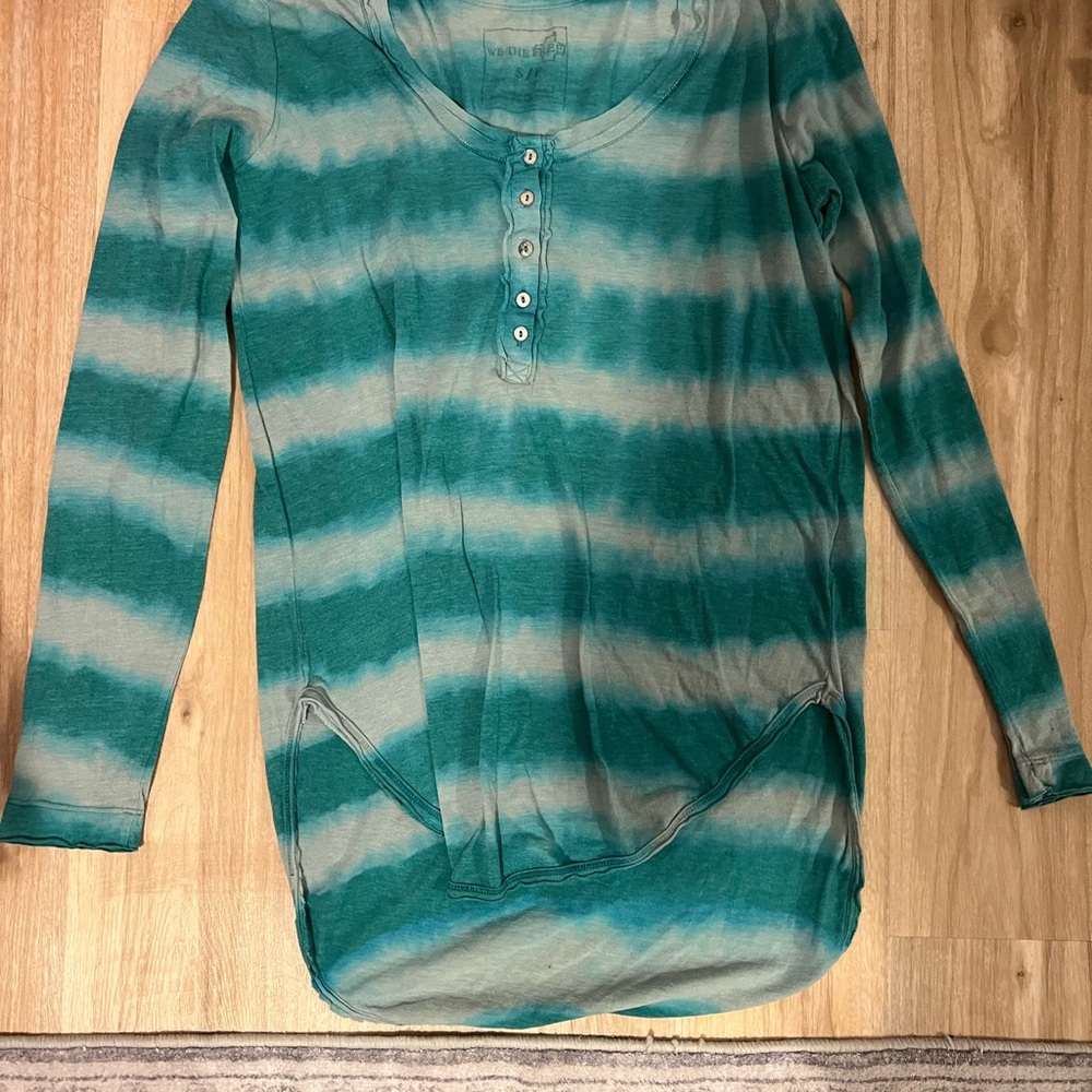 We The Free Striped Teal and White Long Sleeve Top